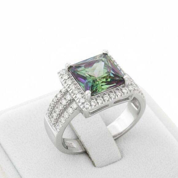 Rainbow Mystic Topaz CZ Princess Cut Ring Sterling Silver New - Picture 3 of 4